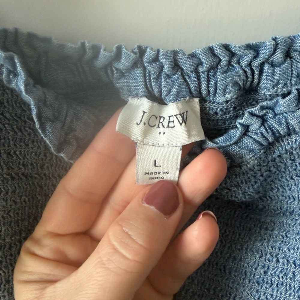 J.Crew Chambray Ruffle Mini Dress Women’s Size Large Cottage Pockets - Picture 3 of 4